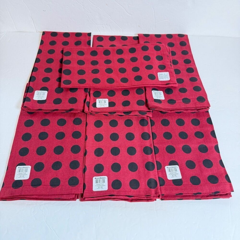 World Market 12 Cloth Napkins Wine Burgundy Black Polka Dot 20x20 Cotton Lot